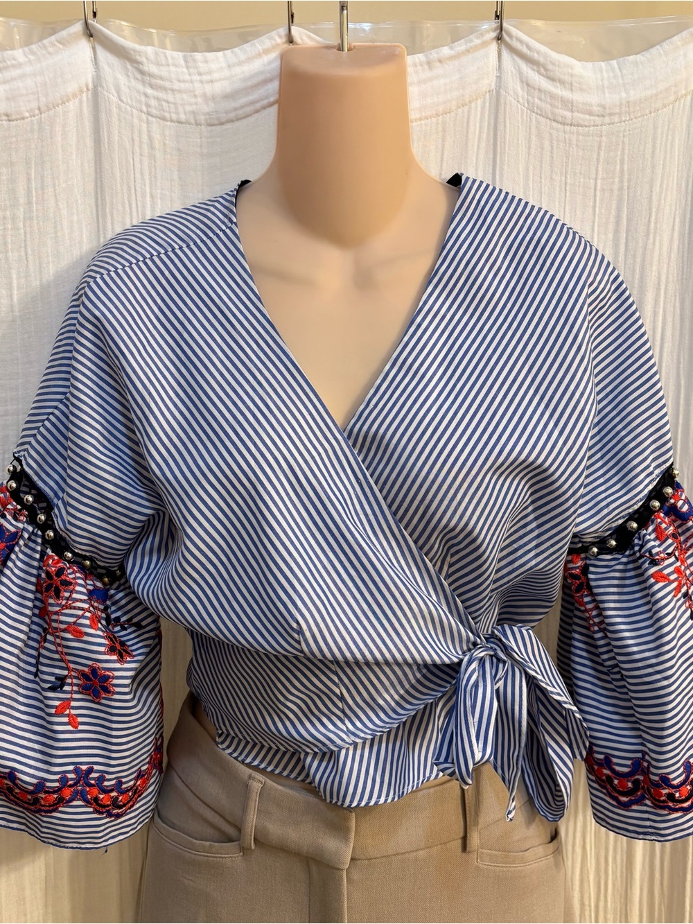 Topshop Blue White Striped Wrap Tie Front Blouse Embroidered Bell Sleeve US 6